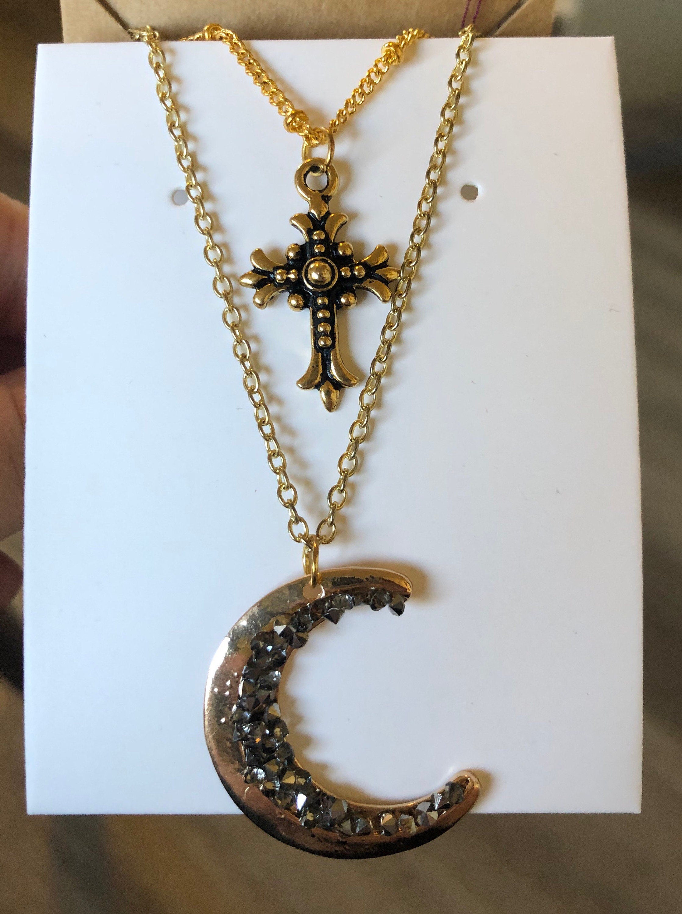 Cross & Moon - “Slay The Night” - Double Chain Necklace - 2-in-1 Gold Necklace